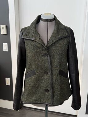 10 Crosby Derek Lam Olive Green Wool Jacket with Black Leather Sleeves